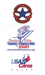 blue star, firefigher outline running with flag, USA Cares